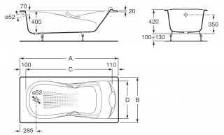 Ванна Roca Haiti 150x80 с отверстиями для ручек, anti-slip 2332G000R
